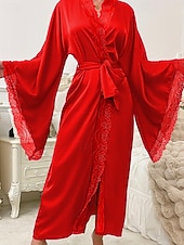 Χαμηλού Κόστους Γυναικεία Πιτζάμες Onesies-Γυναικεία Ρόμπα Καθημερινό Μαλακή Σατέν Μονόχρωμες Δαντέλα Παντελόνι Καθημερινά Σπίτι Κρεβάτι Μακρυμάνικο Λαιμόκοψη V Μαύρο Λευκό Κρασί Ρουμπίνι Καφέ Καλοκαίρι Άνοιξη Κανονικό