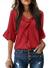 Χαμηλού Κόστους Επίσημες Μπλούζες-Γυναικεία Πουκάμισο Κομψή Σατέν Μπλούζα Μπλούζα Σουρωτά Με Βολάν Κουρελού Σκέτο Κομψό Βίντατζ Καθημερινά Μακρυμάνικο Λαιμόκοψη V Κανονικά μπλουζάκια Καθημερινά Δουλειά Αργίες