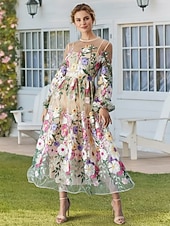 ieftine Lungimea gleznei-Linia -A Rochii Lungime Gleznă Rochie de petrecere Rochie de Cocktail Rochie pentru invitata de nunta Rochie Mama Miresei Manșon Lung Manșon Jumate Stil Nautic Elegant Epocă Oficial Dantelă Tulle cu