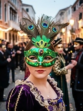 billige Tilbehør-Kvinnes påfugl fjær venetiansk masquerade-maske - grønn paljetter kostyme tilbehør karnevalpartier Mardi Gras cosplay  elegante masquerade-arrangementer