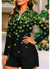 abordables Chemise pour femmes-Saint Patrick Femmes Dégradé Trèfle Sweat-shirt Sweat-shirt polo Hauts Chemise manche longue Fermeture éclair Imprimé Quart de zip UPF50+ Résistant aux UV Élastique Respirant Volley-ball Tennis Le