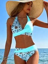 preiswerte Bikini-Sets-Damen Bikini 2-teiliges Badeanzug Raffung Cheeky Urlaub Fashion Blumen Grafik V-Ausschnitt Ärmelloses Badeanzüge