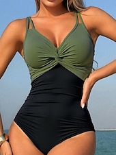 preiswerte Einteilige Badeanzüge-Damen Einteiler Badeanzug Raffungen Farbblock Monokini Bauchkontrolle Hohe Taille Schlank Rückenfrei Urlaub Strandbekleidung Einfarbig V-Ausschnitt Ärmellose Bademode