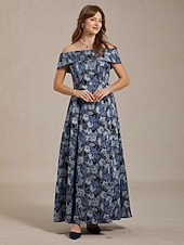  Femmes Robe maxi Robe à épaules dénudées Robe bustier Élégant Soirée Jacquard Fleuri Sans manches Épaules Dénudées Bleu