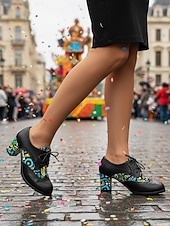 billiga Kvinno skor-Kvinnors Mardi Gras Gröna Snörning Knasiga Mönstrade Klackar Oxford – Färgglad Karneval Stil Perfekt för Festivalfirande Rolig  Vibrant Look