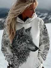 levne Vikingové vrcholy-Dámské Mikina s kapucí s kapucí Slátanina Tisk Přední kapsa Grafika Geometrický Etno Vinobraní Na běžné nošení Cikánský Dlouhý rukáv Kapuce Běžné topy ulice Na den Černá Bílá Zima