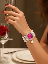 זול יום האהבה-צמיד חרוזים פנינים לנשים עם קריסטל גדול - תכשיט יד אלגנטי משובץ אבני חן למסיבה, ערב ואירועי קוקטייל