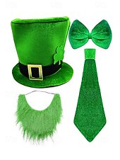 お買い得  アクセサリー-男性用聖パトリックの日のレプラコーンコスチュームアクセサリーセット、ポリエステル素材、バックル付きグリーンのトップハット、偽のひげ、蝶ネクタイとネクタイセット、パーティーや休日のお祝い