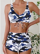 お買い得  ビキニセット-ウィメンズビキニ 2ピース水着 レオパード ショーツ スリム バックレス バケーション ビーチウェア カモ Vネック ノースリーブ 水着