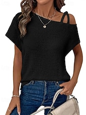 abordables Camiseta lisa-Mujer Camiseta Color sólido Vintage Elegante Manga Corta Cuello asimétrico Tops regulares Diario Noche Fin de semana Negro Blanco Rosa Caqui Verano Primavera