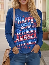  Ziua Independenței American Aniversare Patriotic T Shirt pentru Femei Grafic Steag Elegant Casual Mâneci Lungi Gat Rotund Topuri Regulate Zilnic Print Negru Primăvară Toamnă