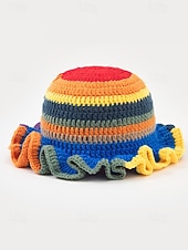 お買い得  アクセサリー-女性用クロシェラッフルバケットマルディグラハット – カーニバル、コスチュームパーティー、ボヘミアンシックスタイル用の多色レインボーニットフェスティバルキャップ