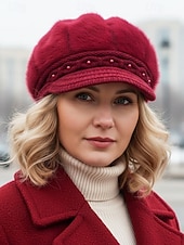 levne Dámské klobouky-Dámská polyesterová čepice z umělé kožešiny, zdobená perlami, dostupná v několika barvách, ideální pro zimní outfity