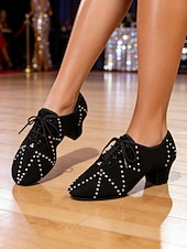 preiswerte Schuhe für Standardtanz und Modern Dance-Professionelle Lateintanzschuhe für Damen – schwarze Schnürschuhe aus Wildleder mit Strasssteinen und Strassverzierungen für Standardtänze, Salsa und Tango &amp;Bühnenperformance