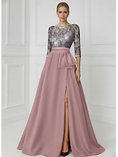 economico Abiti da Sera a Linea A-Linea ad A Lunghezza al pavimento Perline ricamate Abito Formale Abito da madre della sposa Abito da Sera Elegante Spacco Alto Manica 3/4 Girocollo Matrimonio Formale Raso Con Paillettes con