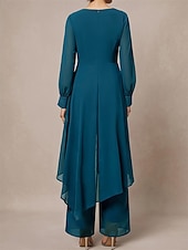 billige Mammas buksedresser-Buksedrakt Asymmetrisk Kjole til brudens mor Langermet Crew-hals Elegant Formell Bryllupsgjest Formell kveld Chiffon med Ensfarget