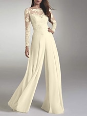 preiswerte Overalls für Mütter-Strandhochzeit Halle Lässige Hochzeitskleider Jumpsuits Illusion Hals Langarm Bodenlang Chiffon Brautkleider Mit Applikationen