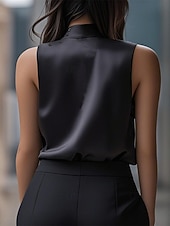 abordables Blusas Elegantes-Mujer Camisa Elegant Top de satén Tops de verano Frunce Retazos En Cortina Color sólido Plano Elegante Vintage Diario Sin Mangas Cuello Alto Tops regulares Diario Trabajo Festivos Negro Verano