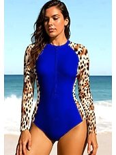 baratos Rash Guards de Uma Peça-Mulheres Segunda-pele para Mergulho Roupa de banho Conjunto de maiô Leopardo Zip Up UPF50+ Secagem Rápida Leve Manga Longa Camisa de Natação Surfe Praia Esportes Aquáticos Verão
