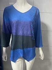 Недорогие Искусство и Дизайн футболка-Жен. Футболка Пэчворк С принтом Контрастных цветов Винтаж Мода На каждый день Длинный рукав V-образный вырез Обычные топы Повседневные На выход выходные Синий Желтый Красный Лето Весна Осень