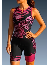 お買い得  ウィメンズトライアスロンウェア-女性用 サイクリングジャージー トライスーツ ダウンヒルジャージー ノースリーブ 夏 春 秋 ローズレッド+ブラック 幾何学模様 ライン／ウェイブ カーブ バイク サンスクリーン UV耐性 3Dパッド サイクリング 速乾性 スポーツ 衣類