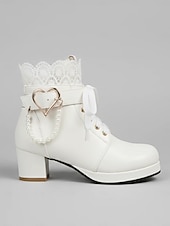 cheap Bride-Women's White Bridal Ankle Boots – Lace-Up Wedding Shoes with Heart and Pearl Decoration, Chunky Heel for Vintage-Inspired Brides