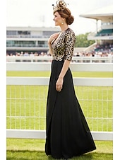 economico Lunghezza del pavimento-Linea ad A Lunghezza al pavimento Abito Derby Abito da cerimonia per signora Mezza Manica Scollo a V Elegante Brillare &amp; Splendere Derby del Kentucky Raso con Paillettes