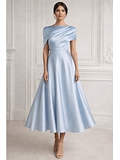 preiswerte Cocktailkleider-A-Linie Knöchellänge Cocktailkleider Elegant Kurzarm Hoher Ausschnitt Hochzeit Formell Rosa Kleid Satin mit Tasche