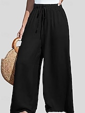 preiswerte Unterteile-Damen Kunstbaumwollleinen Weites Bein Chinos Sommerhose Urlaub Streetwear Lässig Volle Länge Mittlere Taillenlinie Einfach Kordelzug Tasche Atmungsaktiv Mikroelastisch Täglich Outdoor Straße Grau