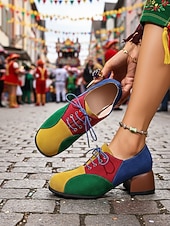 billige Damesko-Flerfargede oxfordsko med blokkhæl til dame – retro pumps med snøring i fargeblokker for karnevalskostymer, klovner og funky hverdagsklær