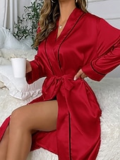 baratos Roupões para mulher-Mulheres manto Casual Macia Seda Retalhos Cordões Patchwork Diário Casa De Cama Manga Longa Decote V Preto Rosa Vermelho Cáqui Verão Ajuste Largo