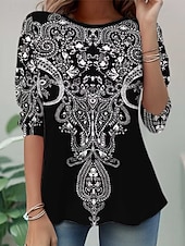 preiswerte Boho-T-Shirt-Damen T Shirt Druck Grafik Paisley-Muster Vintage Stilvoll Lässig Langarm Rundhalsausschnitt Normale Oberteile Täglich Wochenende Schwarz Weiß Herbst Winter