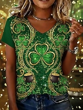 cheap St Patrick's T-shirts-St. Patrick's Day Women's T Shirt Print Graphic Shamrock Vintage Stylish Classic Short Sleeve V Neck Regular Tops Daily Weekend Vacation Wear Green Summer Spring