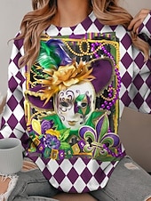 abordables Vêtements de Mardi Gras pour femmes-Sweatshirt Femme Carnaval Pull Graphique Décontracté Manches Longues Col Ronde Tops Réguliers Décontracté Rue Quotidien Blanc Jaune Violet Automne Hiver