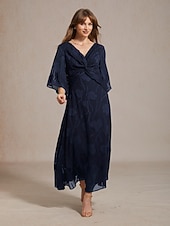 abordables Robe Fleurie-Femmes Robe maxi Robe en Chiffon Élégant Quotidien Vacances robe demoiselle d honneur À lacets Fleuri Manche 3/4 Col en V bleu marine