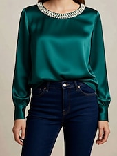 baratos Tops e partes de baixo de dormir para mulher-Mulheres Blusa Tops elegantes Franzido Patchwork Com Miçangas Côr Sólida Tecido Elegante senhoras à moda Manga Longa Gola Redonda Tops regulares Diário Trabalho Para Noite Preto Branco Verde Damasco