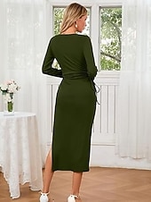 cheap Women-Women's long sleeve square neck waist pleat one side slit ribbed long dress