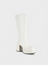 cheap Women's Shoes-Women's Mardi Gras 1980s Retro Purple Platform Knee-High Boots with Block Heels – Shiny Patent Faux Leather, Perfect for Carnival Parades and Festive Celebrations
