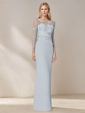 tanie Długość podłogi-Ołówkowa Kolumnowa Sięgająca podłoża Sukienka dla gościa weselnego Suknia Suknia wieczorowa Sukienka dla matki panny młodej Długi rękaw W serek Elegancja Prosty Gość weselny Szyfon z Koronka Dodatki