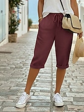 Недорогие Роскошные брюки-Жен. капри шорты Шорты из хлопка и льна Чино Укороченные Отпуск Уличный стиль На каждый день Длина колена Нормальная Полотняное плетение Кулиска Карман Удобный Дышащий Неэластичная