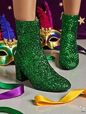 お買い得  女性の靴-ウィメンズ マルディグラ ピンク グリッター 膝丈ブーツ ブロックヒール付き - きらめく、大胆なファッションステートメント、カーニバル、フェスティバル、コスチュームパーティーに最適