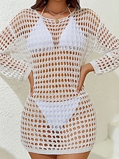 preiswerte Strandkleider-Damen Cover Up Badeanzug Kleid Cut Out Urlaub Strandbekleidung Einfarbig Rundhals Lange Ärmel Badeanzüge