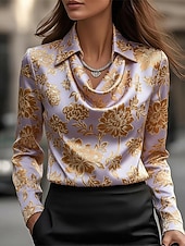 preiswerte Blumenblusen-Damen Hemd Druck Drapiert Blumen Elegant Stilvoll Lässig Langarm Wasserfallausschnitt Normale Oberteile Täglich Arbeit Ferien Hellgrün Rosa Violett Frühling Herbst