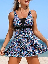 رخيصةأون مايوهات تانكيني-تانكيني نسائي من قطعتين مع تنورة بنمط النخيل بدون ظهر لعطلة الشاطئ بنقشة استوائية ريشة بدون أكمام