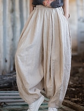 cheap Premium Linen Collection-Women's Cotton Linen Pants Chinos Summer Shorts Bloomers Vacation Streetwear Basic Full Length Medium Waist Plain Pocket Elastic Waistband Comfy Comfort Inelastic Daily Outdoor Vacation rice white