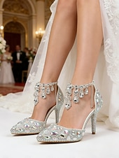 Χαμηλού Κόστους Νύφη-Πολυτελείς γόβες νύφης από κρύσταλλο – λαμπερά νυφικά παπούτσια με στρας και αλυσίδα για λαμπερή αίθουσα χορού και πολυτελή τελετή