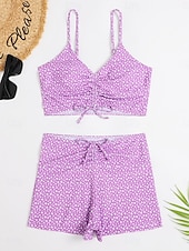 economico Tankini-Tankini 2 Pezzi Costume da Bagno per Donna Arricciato Shorts Controllo Pancia Vita Alta Slim Schiena Nuda Abbigliamento da Spiaggia in Vacanza Grafica Floreale V Collo Senza Maniche Costumi da Bagno