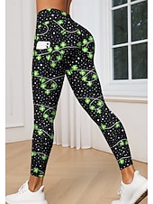cheap Yoga Leggings &amp; Tights-St. Patrick Women's pilates leggings fitness pants Gym Leggings Pockets Stamp Duty Side Pockets Pilates Gym Gym Workout Tights Leggings Bottoms Trees / Leaves Clover Green and Black Dark Green Sports