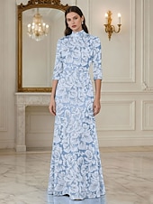  A-Line Floor Length Beaded Eembroidered Formal Dresses Mother of the Bride Dress Evening Gown Ball Gown Formal Dress Elegant Glittering Long Sleeve High Neck Wedding Formal Pocket Satin Lace with