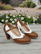 economico Retrò anni ’50-scarpe con tacco a T da donna in stile retrò anni '50, marroni e bianche, con dettagli brogue e chiusura con fibbia: scarpe mary jane vintage per ufficio, feste in giardino ed eventi a tema retrò